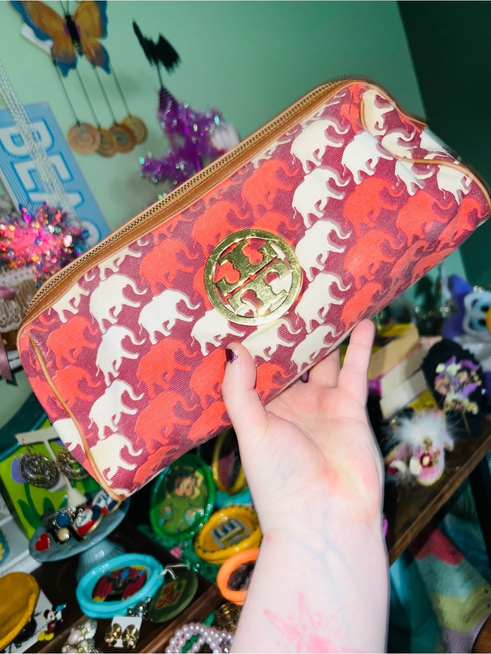 Tory Burch Coral and Cream Elephant Print Cosmetic Case